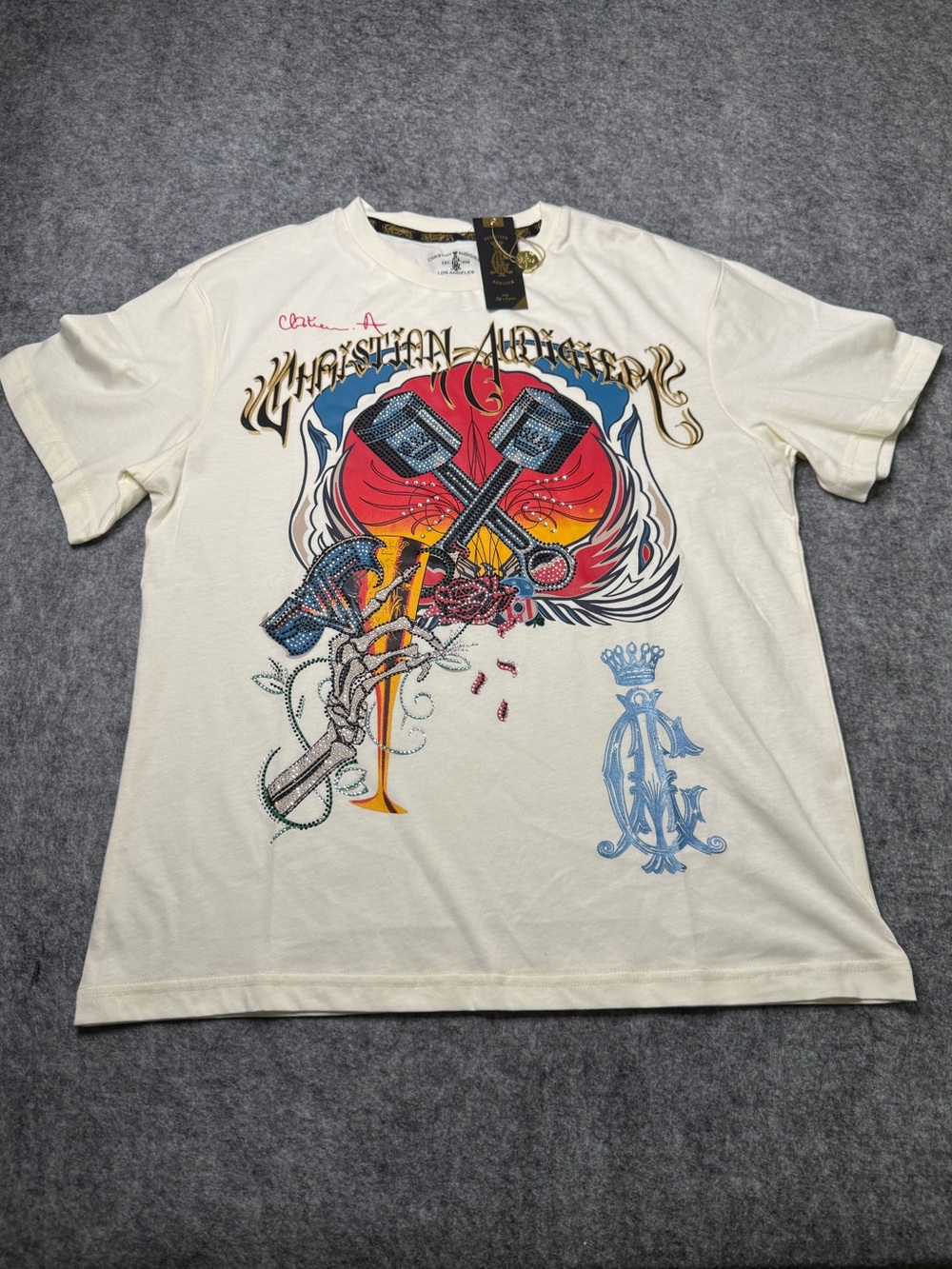 Christian Audigier Cream Hammer Tee Rhinestones  M Y2K NWT